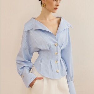 COMMENSE Blue & White Striped Collared Shirt – Waist-Cinching Design – XS – NWT